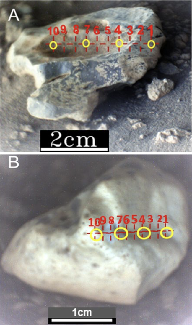 Close-up images of 2 small stones, labeled A and B. They have small yellow circles and red numbers on them.