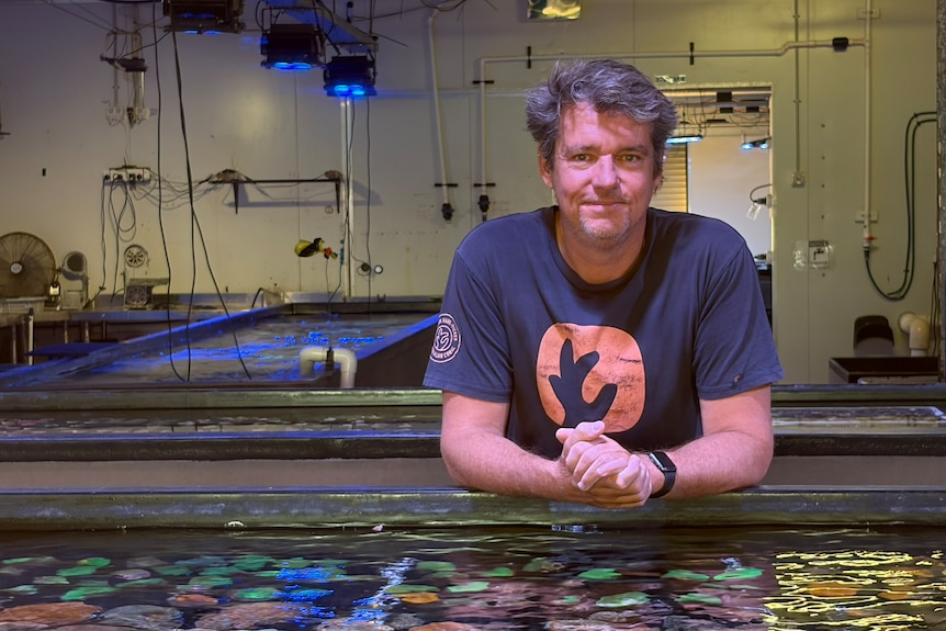 A man standing behind a tank of marine animals in a large pavilion full of tanks.
