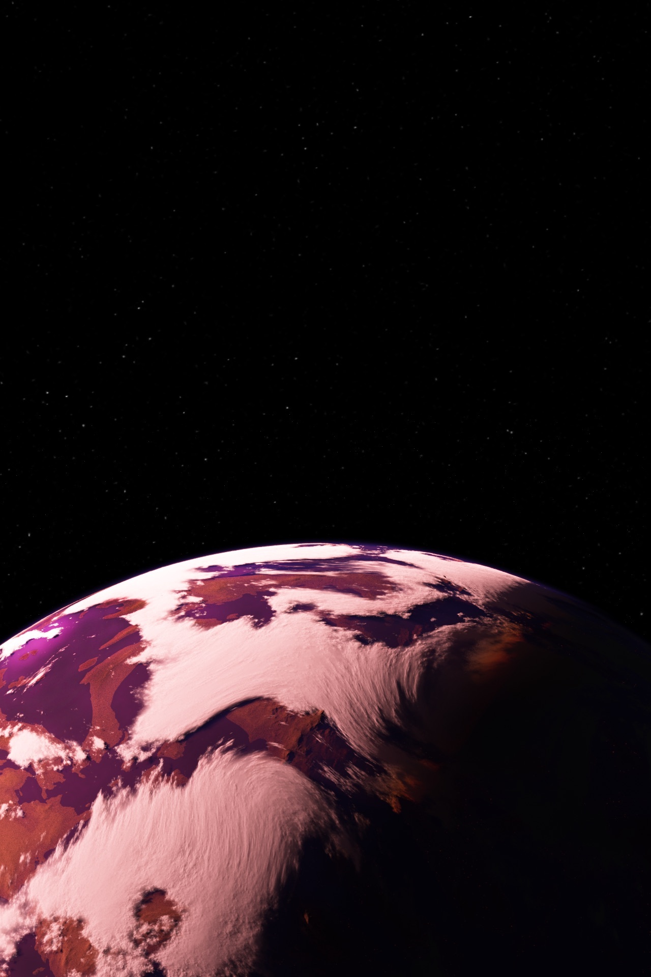 A planet that looks like Earth, covered in clouds and water, except it's orange-pink in color.