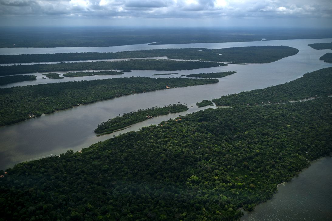 Aerial view of the Amazon rainforest near the Tocantins River in Cameta, Brazil, near the headwaters of the Amazon River.