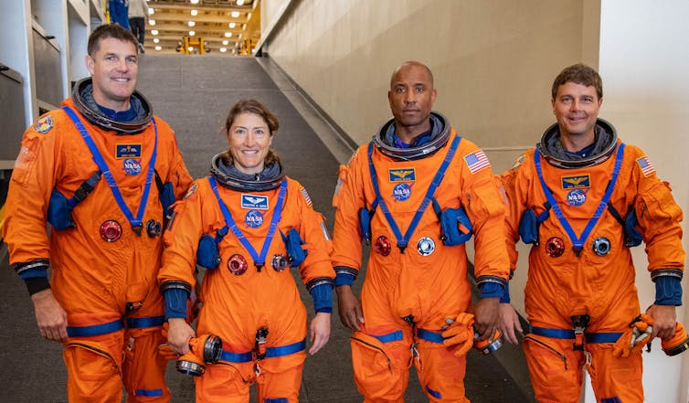 Artemis II crew members (left to right): mission scientist Jeremy Hansen CSA (Canadian Space Agency), mission scientist Christina Koch, pilot Victor Glover, and commander Reid Wiseman (Nasa).