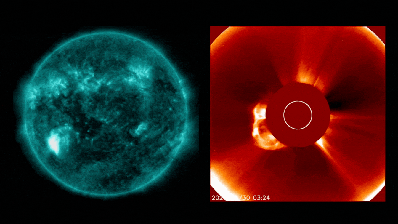 gif animation showing an x-flare from the sun that looks blue thanks to the filter (left) and cme release (right)
