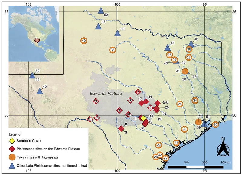 Texas and the Edwards Plateau with suitable Late Pleistocene sites indicated. (CREDIT: Quaternary Research)