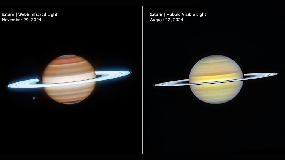 A side-by-side comparison of images of Saturn taken from the Webb Space Telescope and the Hubble Space Telescope.