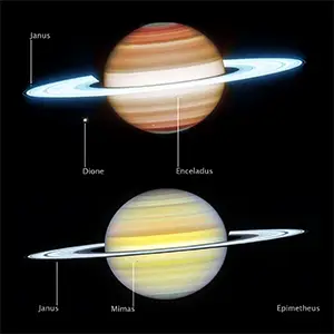 Complementary views of Saturn from NASA's James Webb Space Telescope and the Hubble Space Telescope show a powerful planet with atmospheric features, orbiting moons, and bright rings. Image credit: NASA, ESA, CSA, STScI, Amy Simon (NASA-GSFC), Michael Wong (UC Berkeley); Image Editing: Joseph DePasquale (STScI)