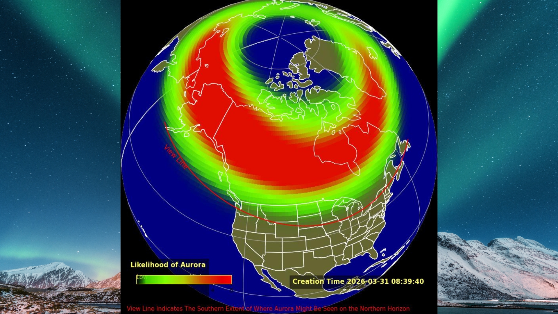 Tonight's Aurora forecast maps show a possible aurora viewing line covering 16 US states. In the background is an image of green ribbons of auroras shining over snow-capped mountains.