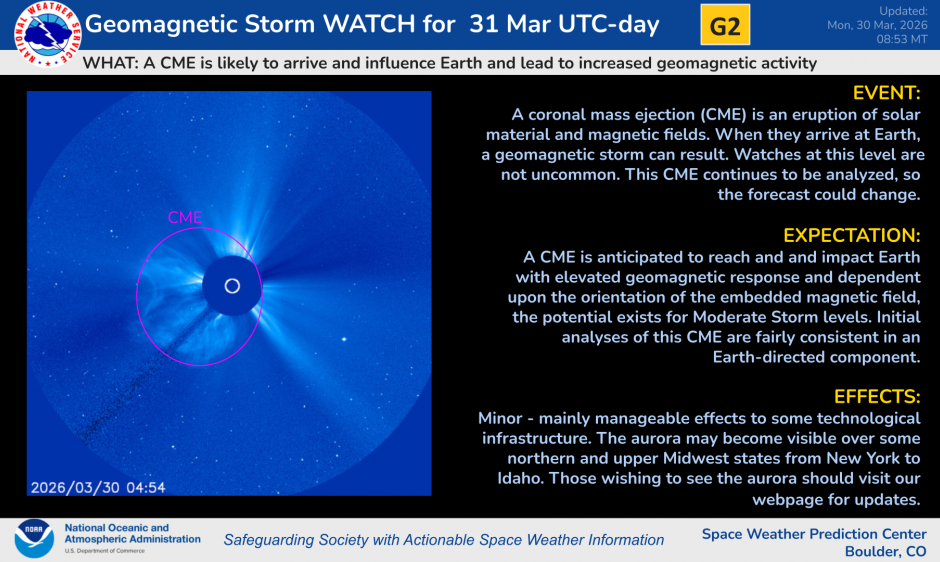 A NOAA G2 storm watch has been issued tonight along with details of an upcoming CME.