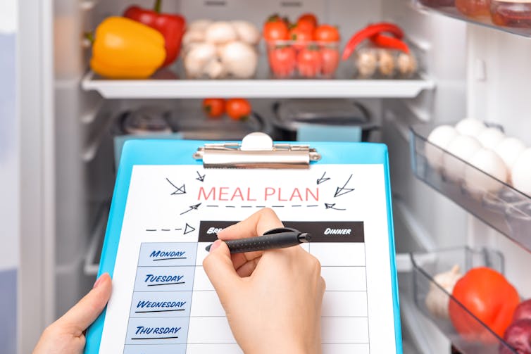 clipboard with meal plan notes, held by hands in front of open fridge with fresh veg
