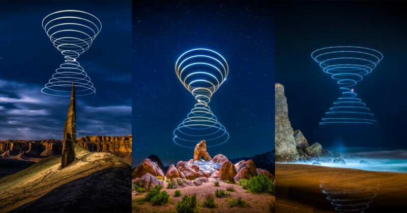 The three photos show nightscapes with strange rock formations, and each has swirling, hourglass-shaped tracks in the sky, created by long exposure photography. The pictures have a surreal, bright effect.