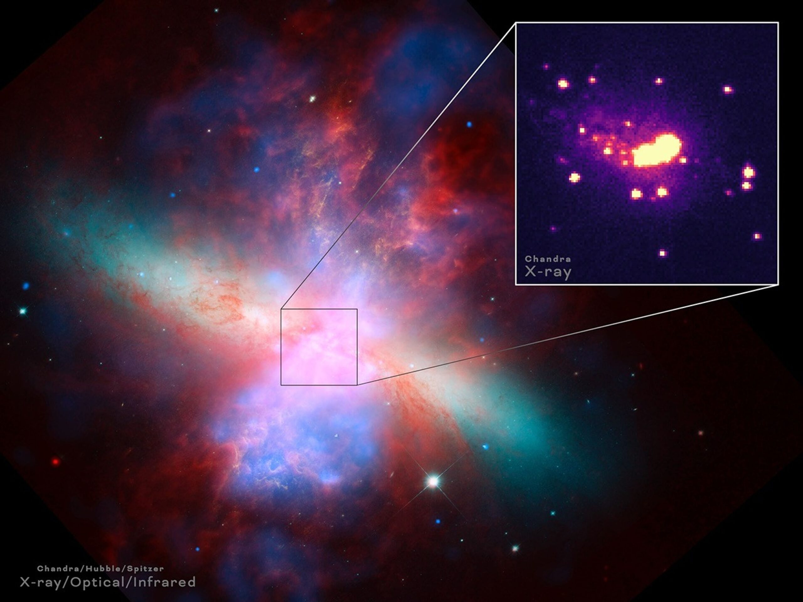 A full version of the headshot, showing a colorful view of space with a box showing only Chandra's view, revealing the glowing blossoms.